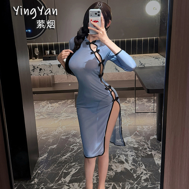 Sexy lingerie with a vintage charm, see-through cheongsam uniform, seductive and passionate, with a diagonal front opening and traditional Chinese knot buttons, suitable for home wear