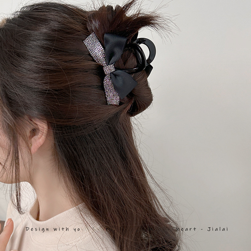 Flash diamond bow banana clip vertical clip 2024 new shark clip hairpin back head updo hair clip headdress hairpin_voghion.com