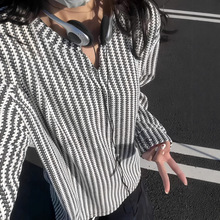 小香风千鸟格v领长袖t恤男款秋季美式复古条纹卫衣cleanfit打底衫