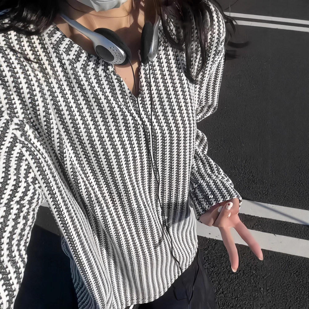 小香风千鸟格v领长袖t恤男款秋季美式复古条纹卫衣cleanfit打底衫