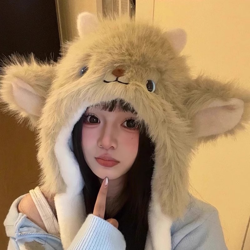 可爱卡通耳朵会动小羊加厚保暖毛绒帽子女冬季防寒护耳网红雷锋帽|undefined