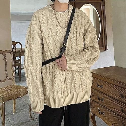 Japanese-style loose cabled sweater for men and women, outerwear couple's Korean design, lazy style, Hong Kong style, round neck knitted jacket for men