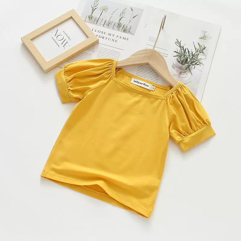 2025夏季女童装新款儿童纯棉泡泡袖短袖2-6纯色糖果色方领半袖T恤