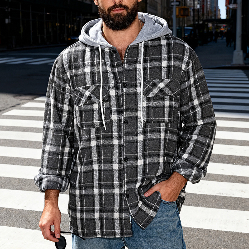 Cross-Border Heavyweight Spring and Autumn Men's Loose American Hip-Hop High-End Trendy Programmer Hooded Long-Sleeve Shirt Jacket