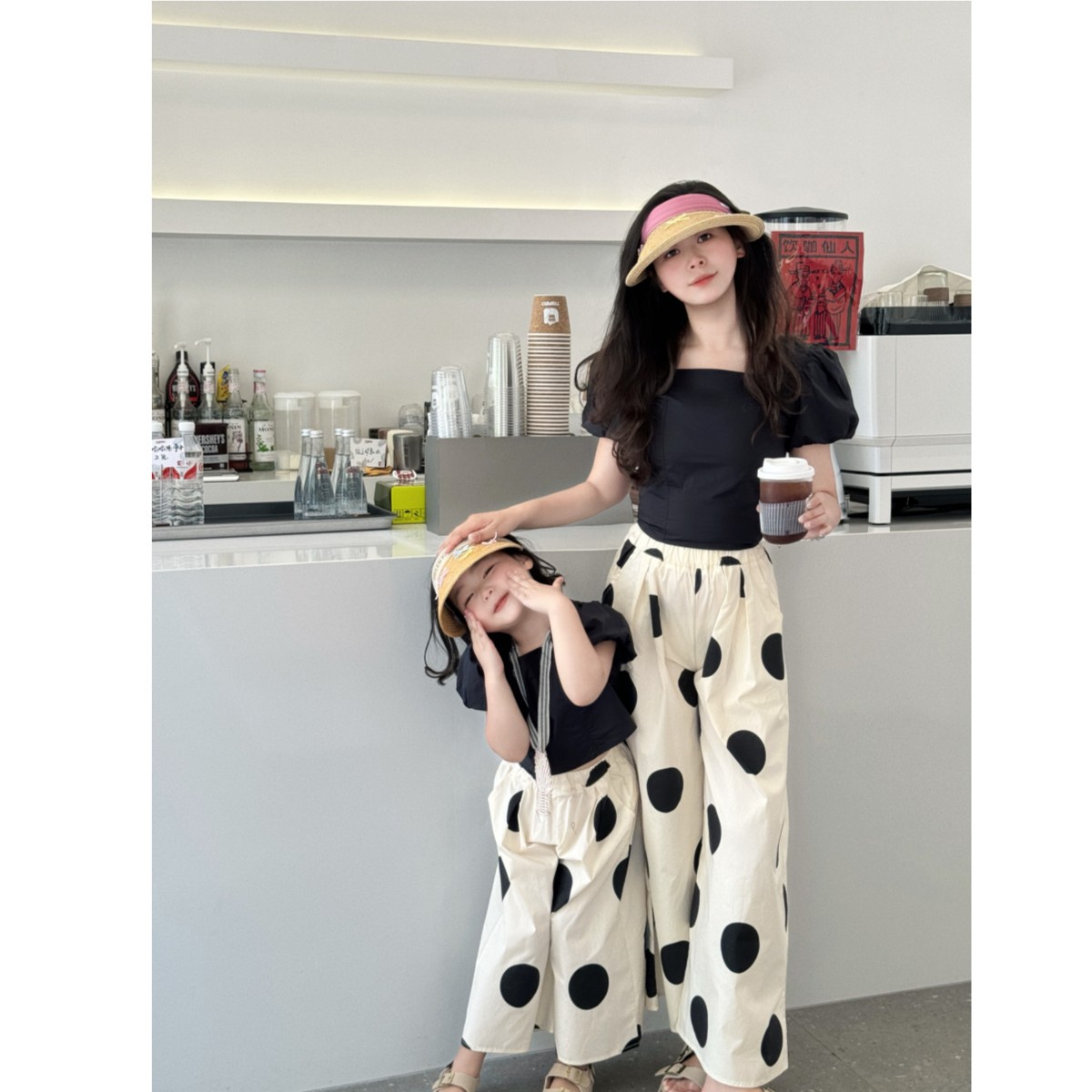 Korean style girls' summer puff sleeve square neck polka dot pants parent-child outfit set trendy class uniform mother and daughter outfit