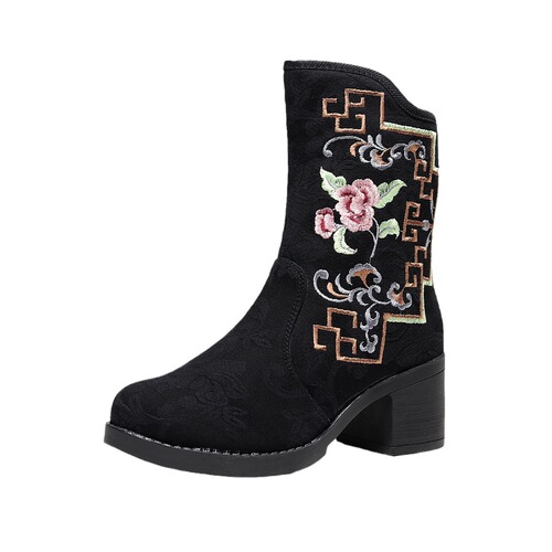 Cotton boots, embroidered cotton shoes and cloth boots, winter quilted and velvet women's snow boots, ethnic style retro short boots