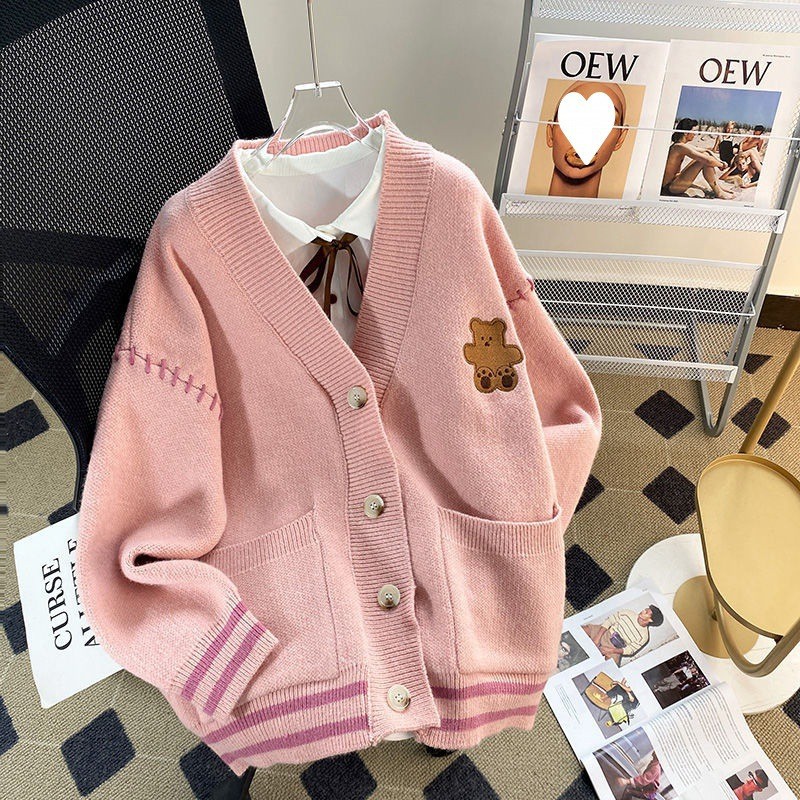 Oso perezoso suéter cardigan mujeres otoño estilo universitario nicho con cuello en V suéter estilo japonés suave glutinoso más tamaño abrigo grueso image 9