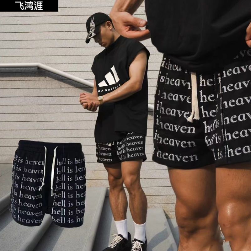 American Style High Street Letter Full Print Drawstring Shorts Summer Mesh Basketball Sports Pants Retro Loose Casual Quarterer Pants
