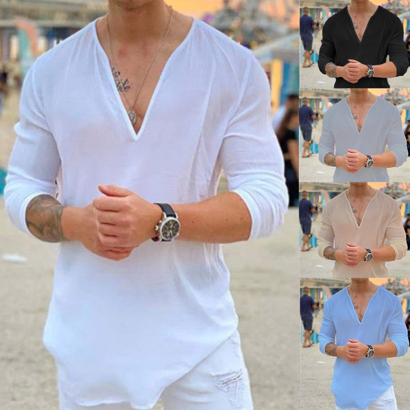 Men's Clothing Independent Station New Fashion V-neck Casual Solid Color Men's T-shirt Foreign Trade_voghion.com