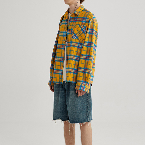 American Retro Yellow Gingham Shirt for Men Spring and Autumn Long-Sleeve Blouse Loose Casual Top Design Sense Jacket