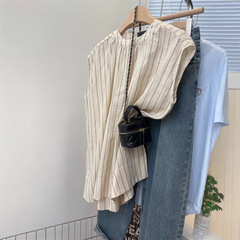 日本のレトロなコットンとリネンのストライプのノースリーブミドル丈シャツ、女性用夏のゆったりとした痩身お尻カバースモールフライングスリーブトップ