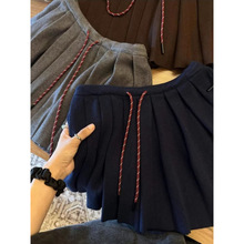 撞色设计抽绳高腰针织半身短裙女2025秋冬新款韩版显瘦百褶短裙子