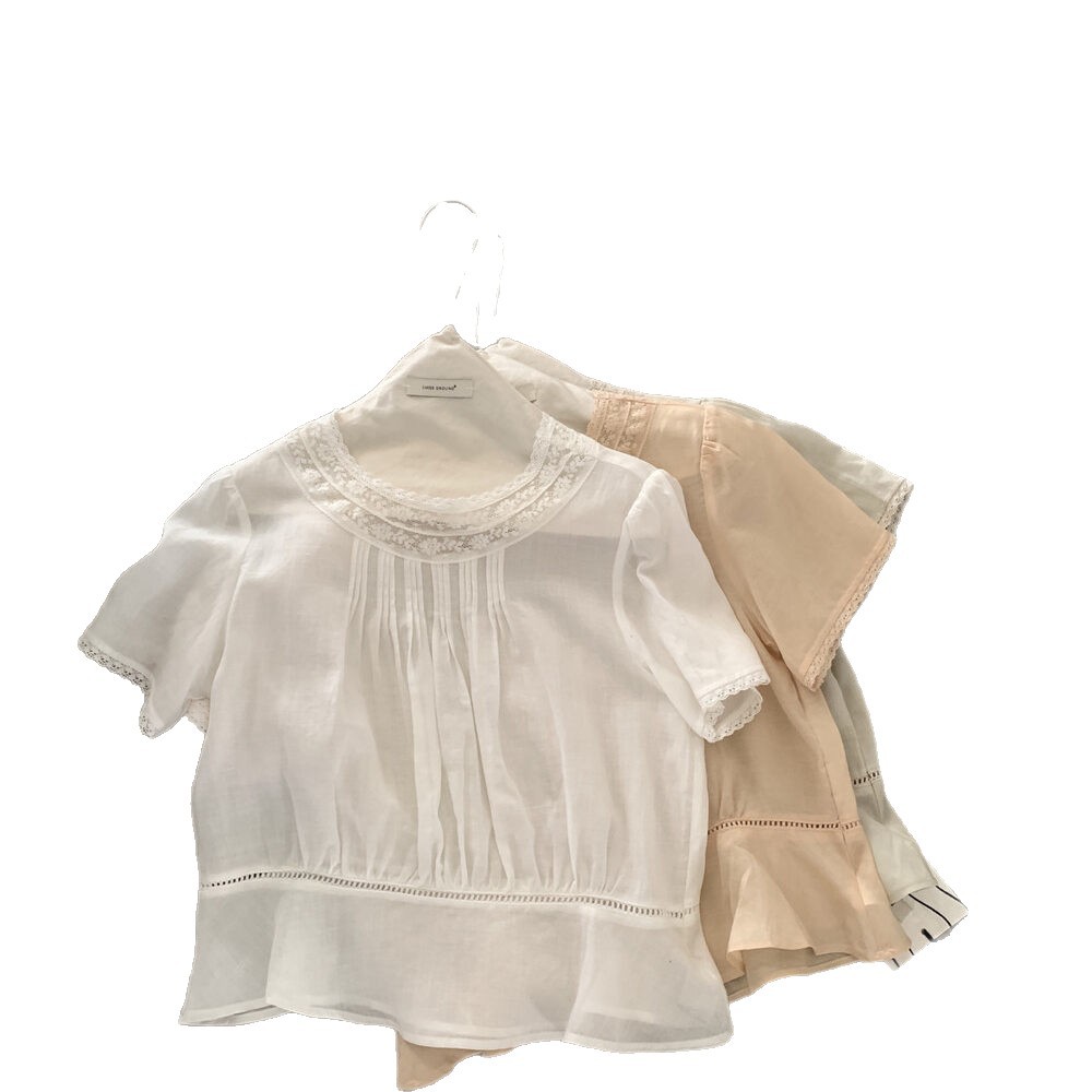 Áo sơ mi nữ tay ngắn phối ren cổ điển chất liệu tơ tằm linen — trắng ngà