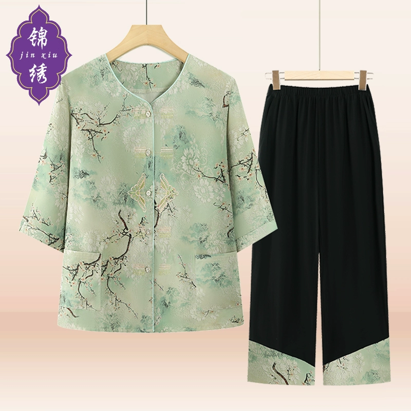 Летние тонкие костюмы для женщин среднего и пожилого возраста, рубашки с короткими рукавами в китайском стиле, рубашки больших размеров для бабушек, топы и брюки.