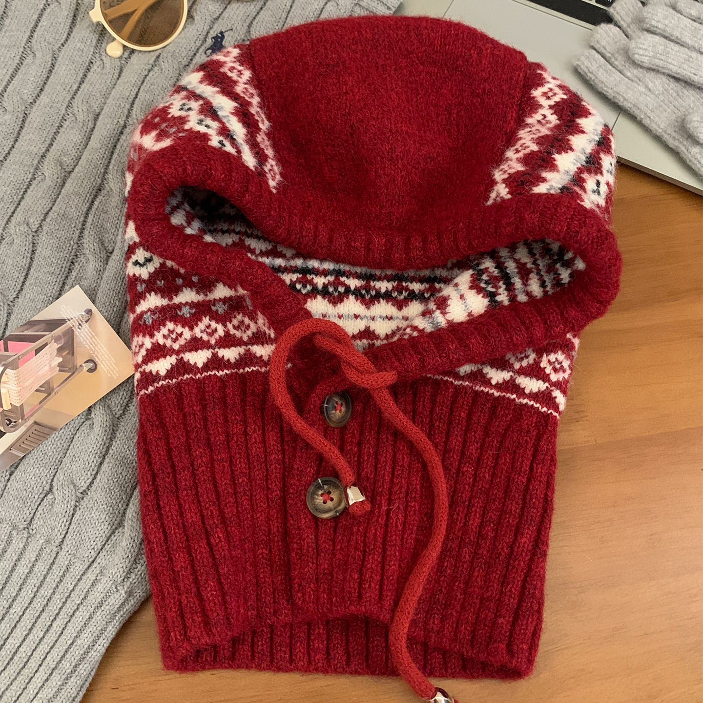 フェア島風毛糸帽子女子秋冬レトロ百合大頭囲保温ニット帽子顔小耳保護帽子