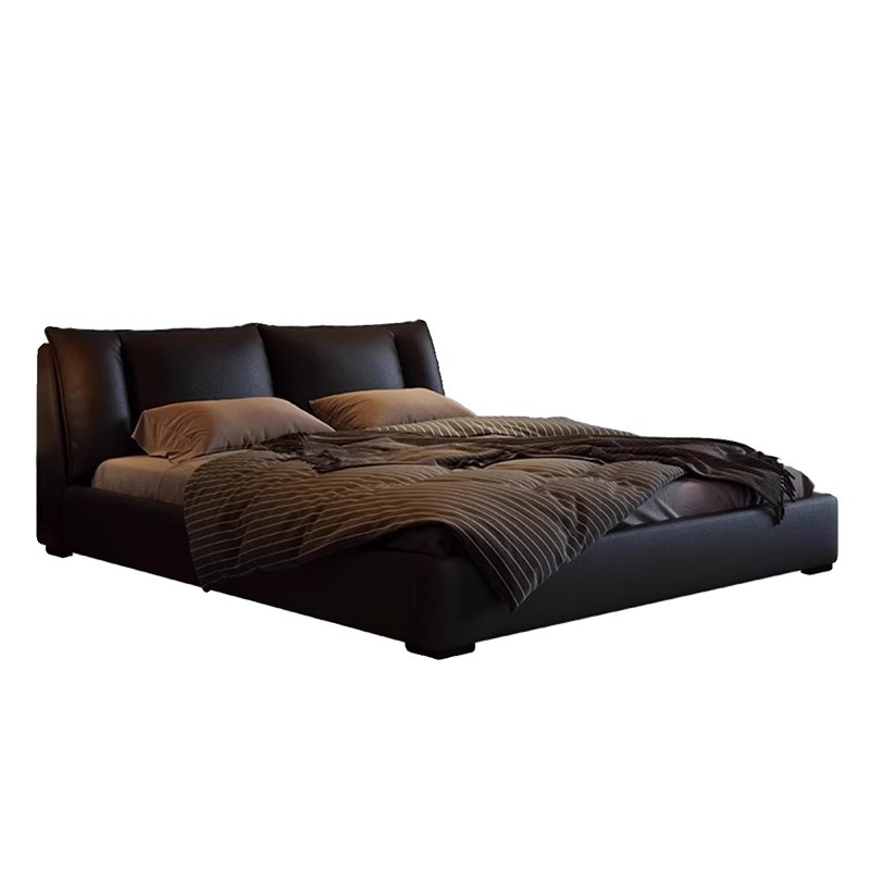 Cama de cuero minimalista italiana, cuero de vaca moderno y simple, cama de matrimonio de 1.8m, cama principal, cama doble, cama queen size