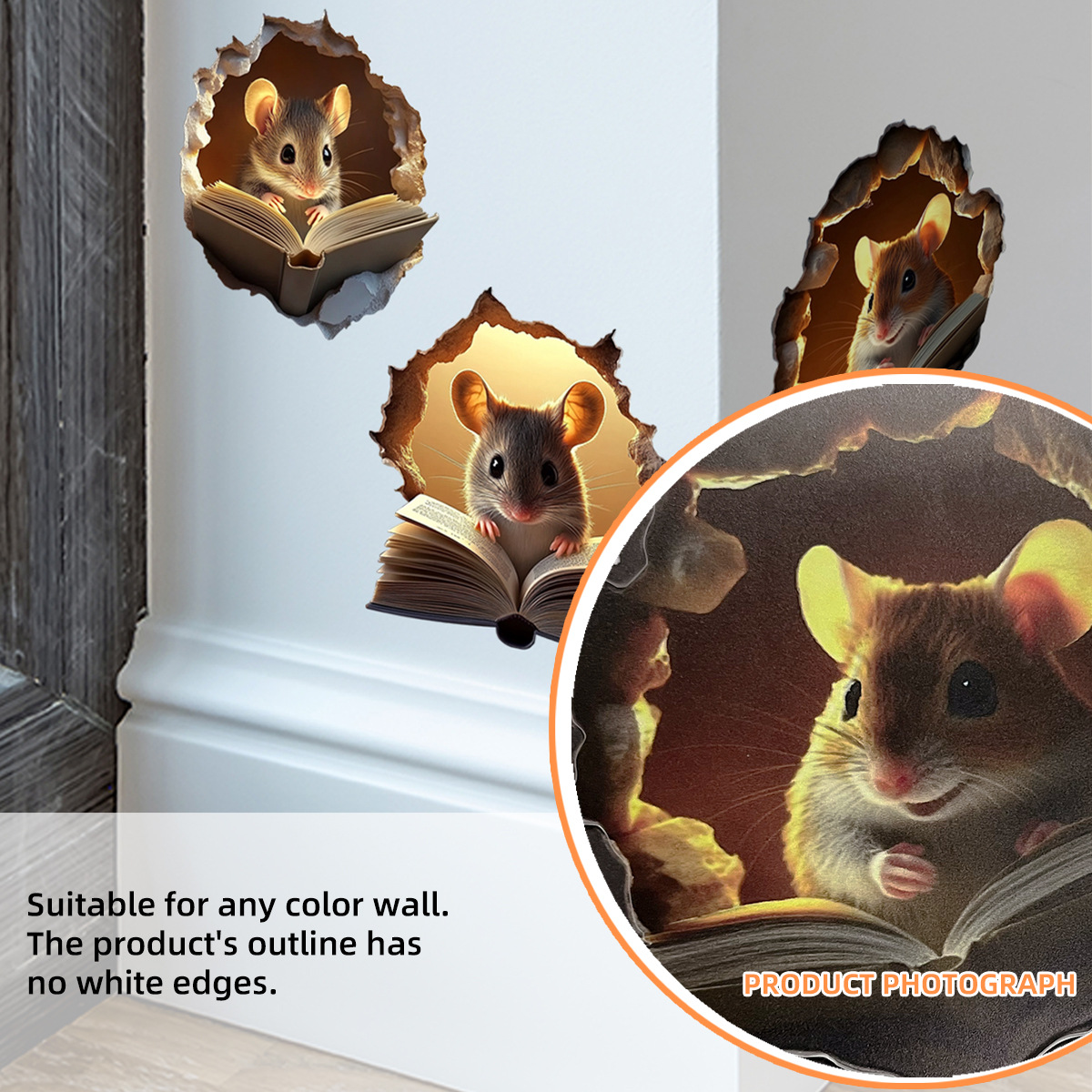 Väggdekal med tecknad 3d-mus i hål för vardagsrum och sovrum_voghion.com