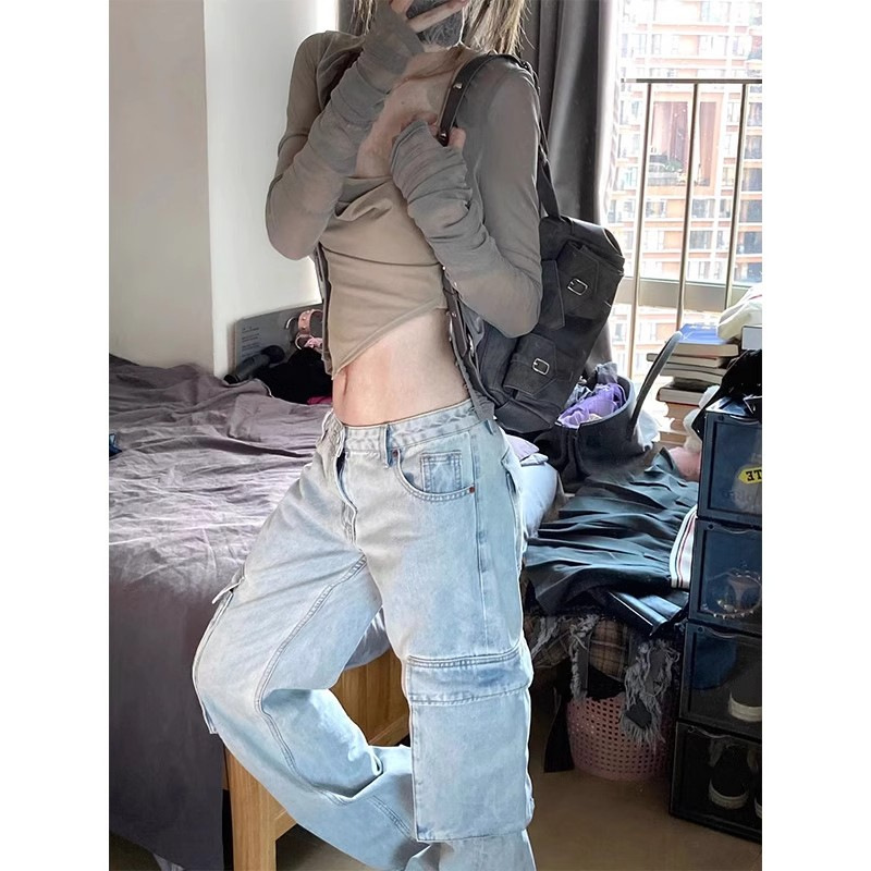 Retro blue summer loose straight jeans