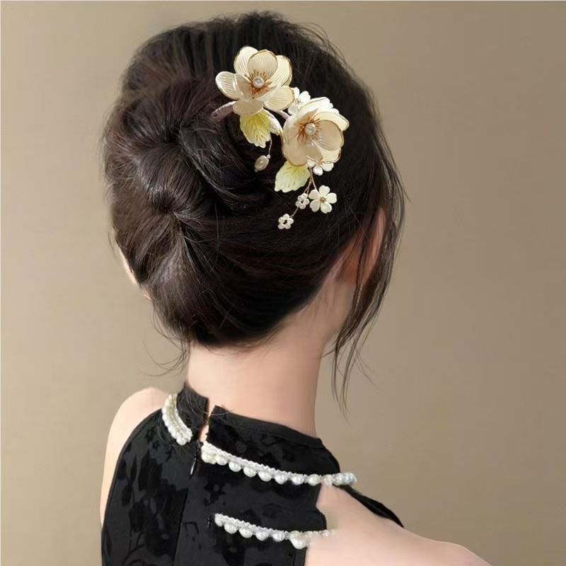 新しい中国風のマグノリアの花 U 字型ヘアピン中国風のヘアピンハイエンドのヘアピン頭飾りチャイナドレスアクセサリー|undefined