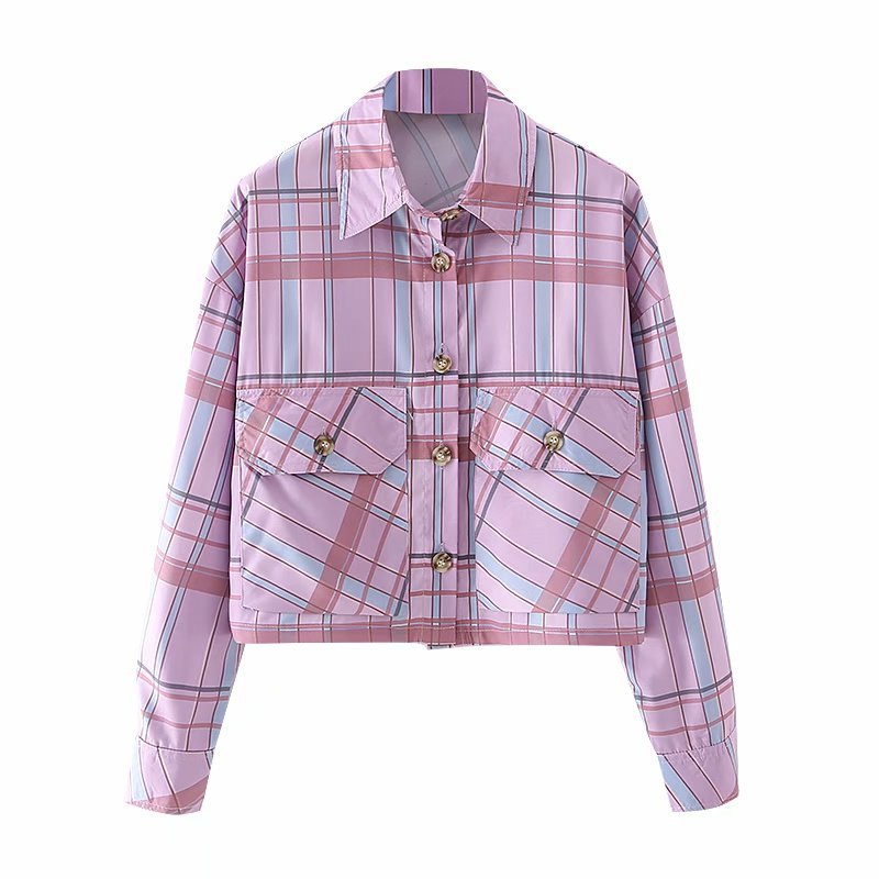 loose lapel plaid pockets casual shirt blouse  NSAM29979