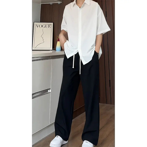 Black Ice Silk Quick-Dry Men's Summer Thin Pinstripe High-End Drape Shirt and Pants Set - Stylish Two-Piece Suit