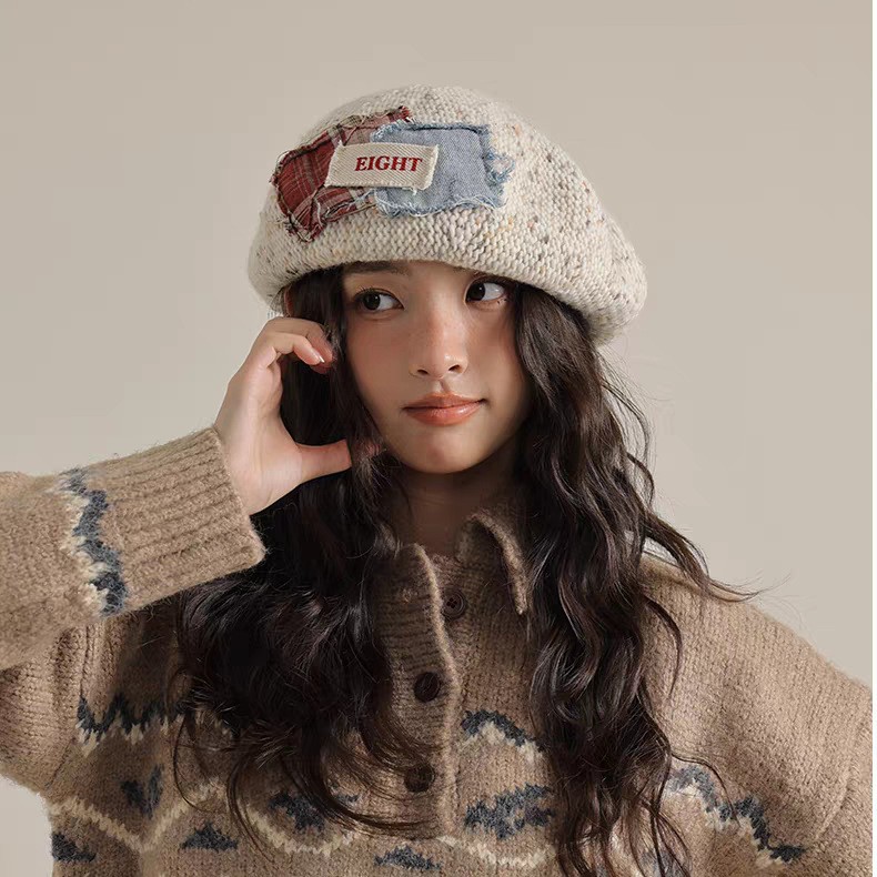 Japanischer Retro Patchwork Strickbarett Damen Herbst Winter_voghion.com