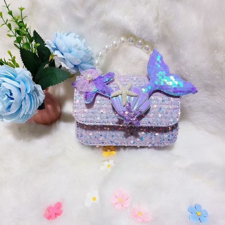 Bolsos infantiles transfronterizos conchas accesorios de cola de pescado lindos bolsos de bambú perlas mariposa bolsos de dibujos animados