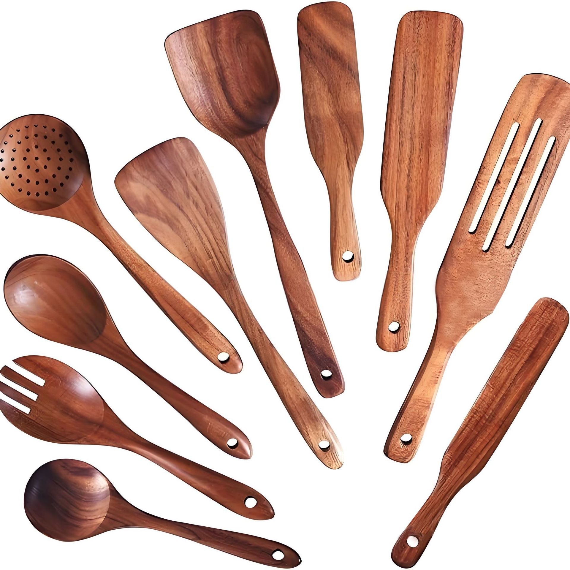 Set de madera de teca horquilla de madera sólida horquilla antiadherente horquilla de madera de acacia cocina utensilios de cocina de mango largo horquilla de verduras pala de cocina conjunto de varias piezas