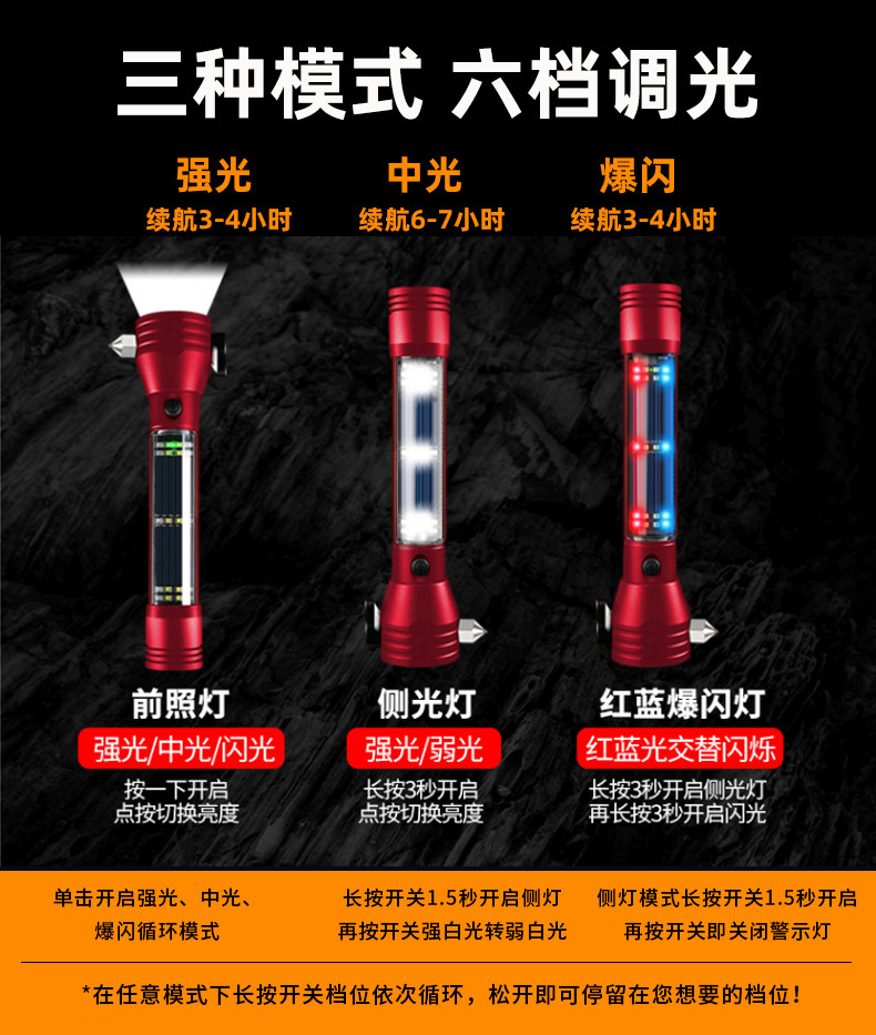 Multifunctional 16-in-1 Solar-Powered Car Self-Rescue Safety Hammer, Rechargeable Emergency Window-Breaking Rescue Flashlight