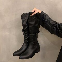 粗跟褶皱堆堆长筒骑士靴女鞋2025年新款秋冬季西部瘦瘦显瘦长靴子
