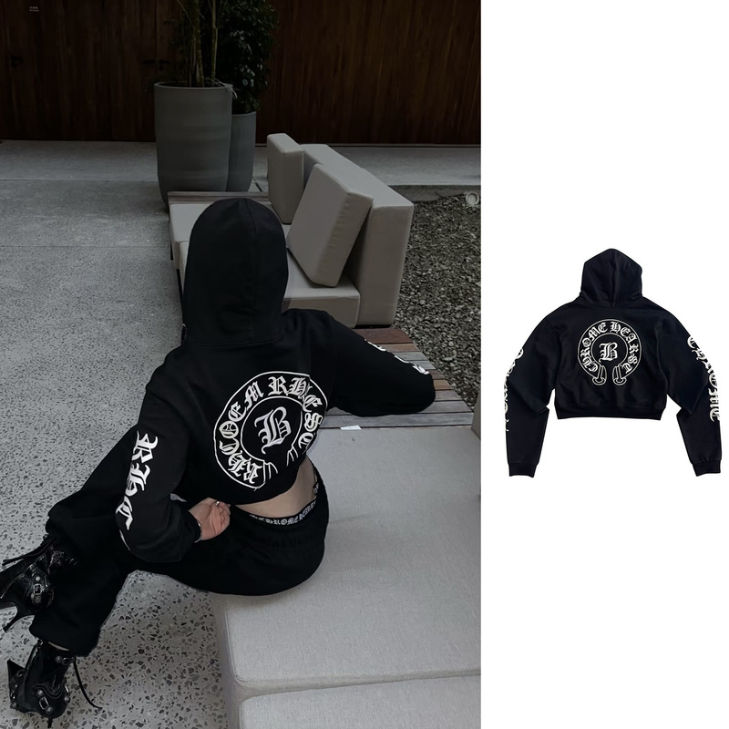 Ch25 Crocodile Short Hooded Sweatshirt Jacket with Back and Chest Print Embroidery, Horseshoe Print, Black, Cropped Waist Ch25 Crocodile Short Hooded Sweatshirt Jacket with Back and Chest Print Embroidery, Horseshoe Print, Black, Cropped Waist