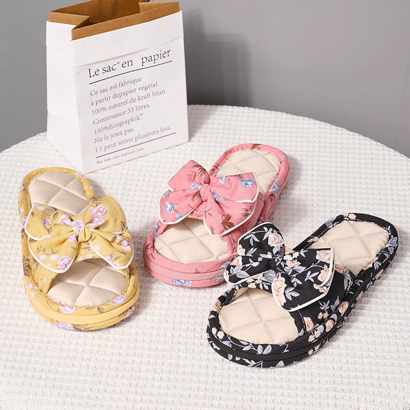 Осенне-зимние новые домашние тапочки из утолщенной ткани с мягким дном, бесшумный домашние тапочки, женские домашние тапочки с бантом оптом