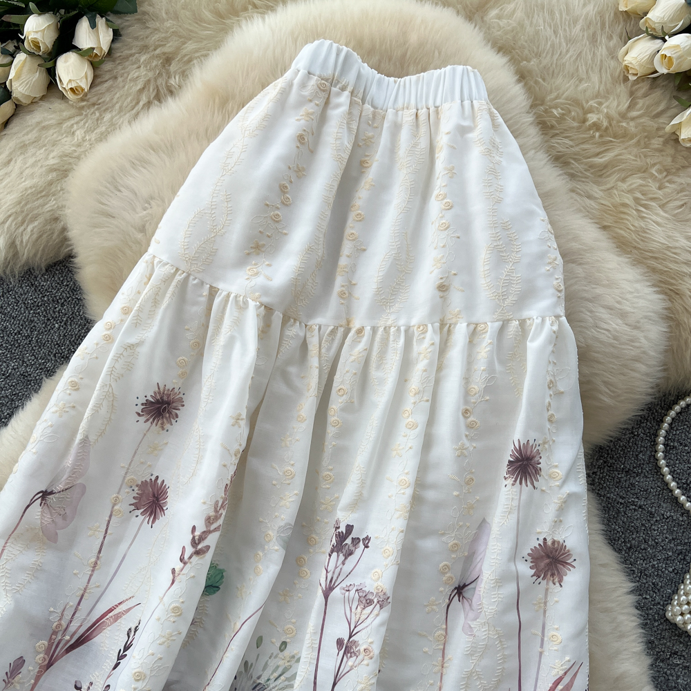 Women's French Sweet Style Floral Print Patchwork A-Line Midi Skirt High Waist Slimming mid Length Summer Fairy like Cake Skirt_ecoleips.com