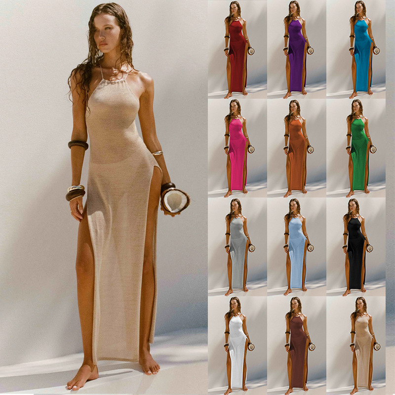 European and American Clothing New Style Suspender Knitted Holiday Style Dress Women's Summer Long Dress Sleeveless Beautiful Back Beach Dress European and American Clothing New Style Suspender Knitted Holiday Style Dress Women's Summer Long Dress Sleeveless Beautiful Back Beach Dress