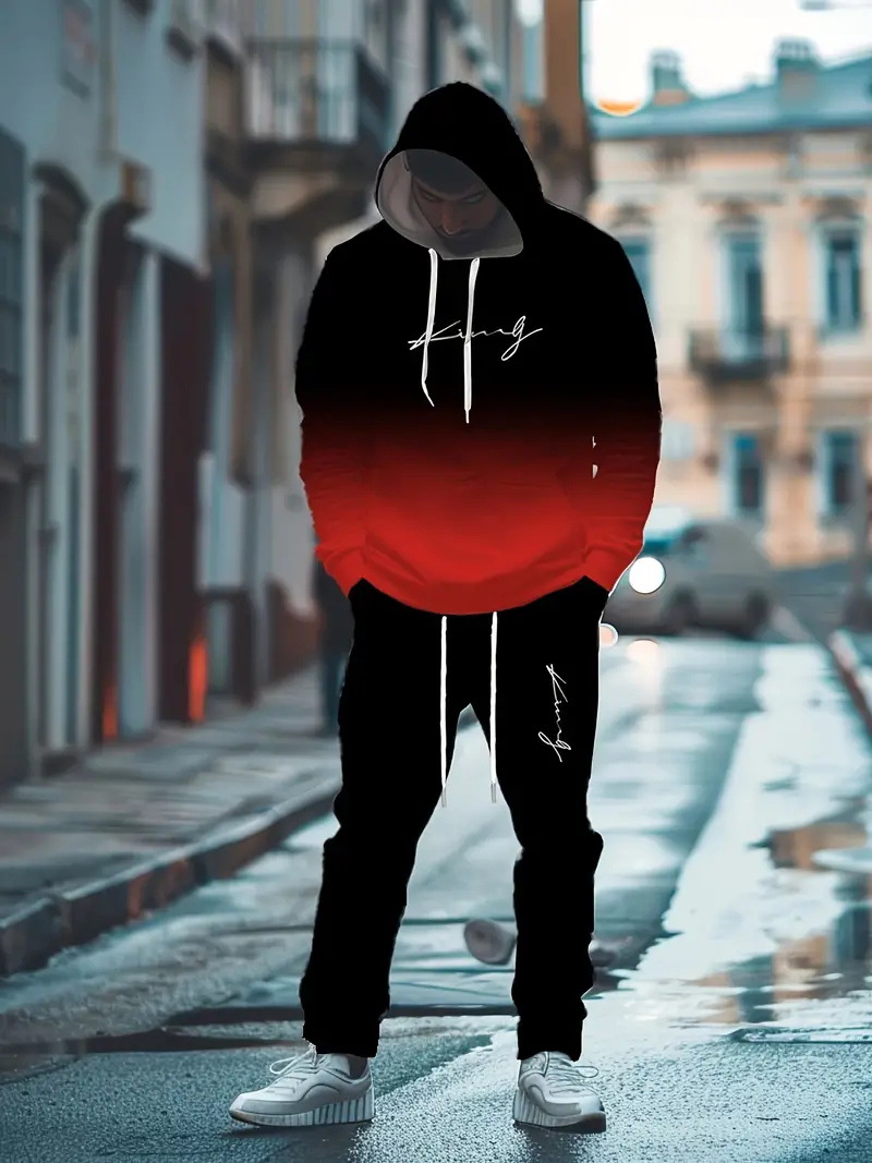 Traje de dos piezas con degradado de moda, pantalón de suéter con capucha suelto y cómodo de talla grande MC11-ML1