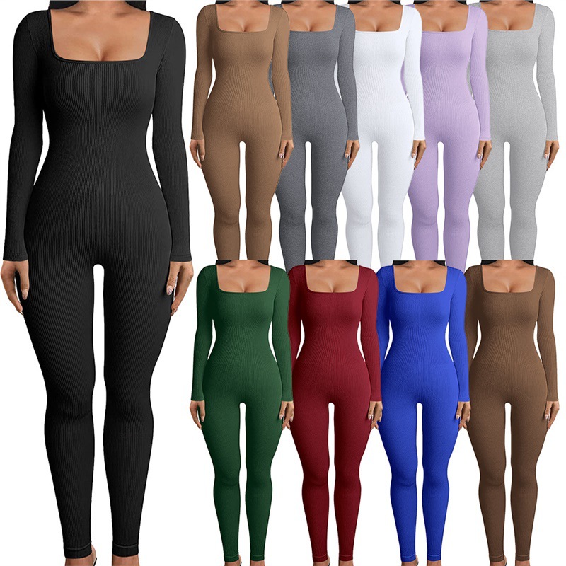 Women's Solid Color Long-Sleeve Vest Jumpsuit with Ribbed Square Neck, Backless, Butt-Lifting, High-Elastic Slim-Fit Sports Jumpsuit