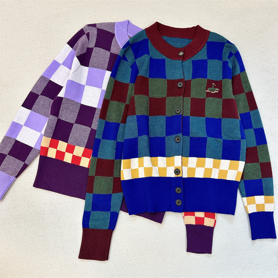 Lisa同款VX土星刺绣Vintage撞色复古英伦彩色棋盘格圆领针织开衫