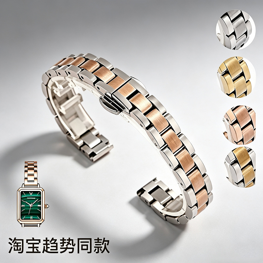 Solid Three-Link Butterfly Clasp Watch Band Stainless Steel Metal Strap Suitable for Small Green Watches 8mm 10mm