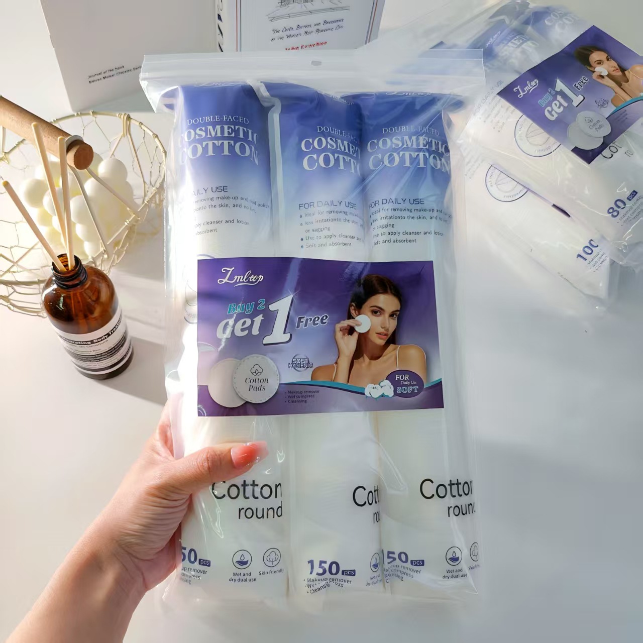 LMLTOP redondo algodón cosmético 150 piezas de doble cara bordes de prensa sándwich húmedo algodón cosmético redondo algodón cosmético suministrado exclusivamente a través de la frontera