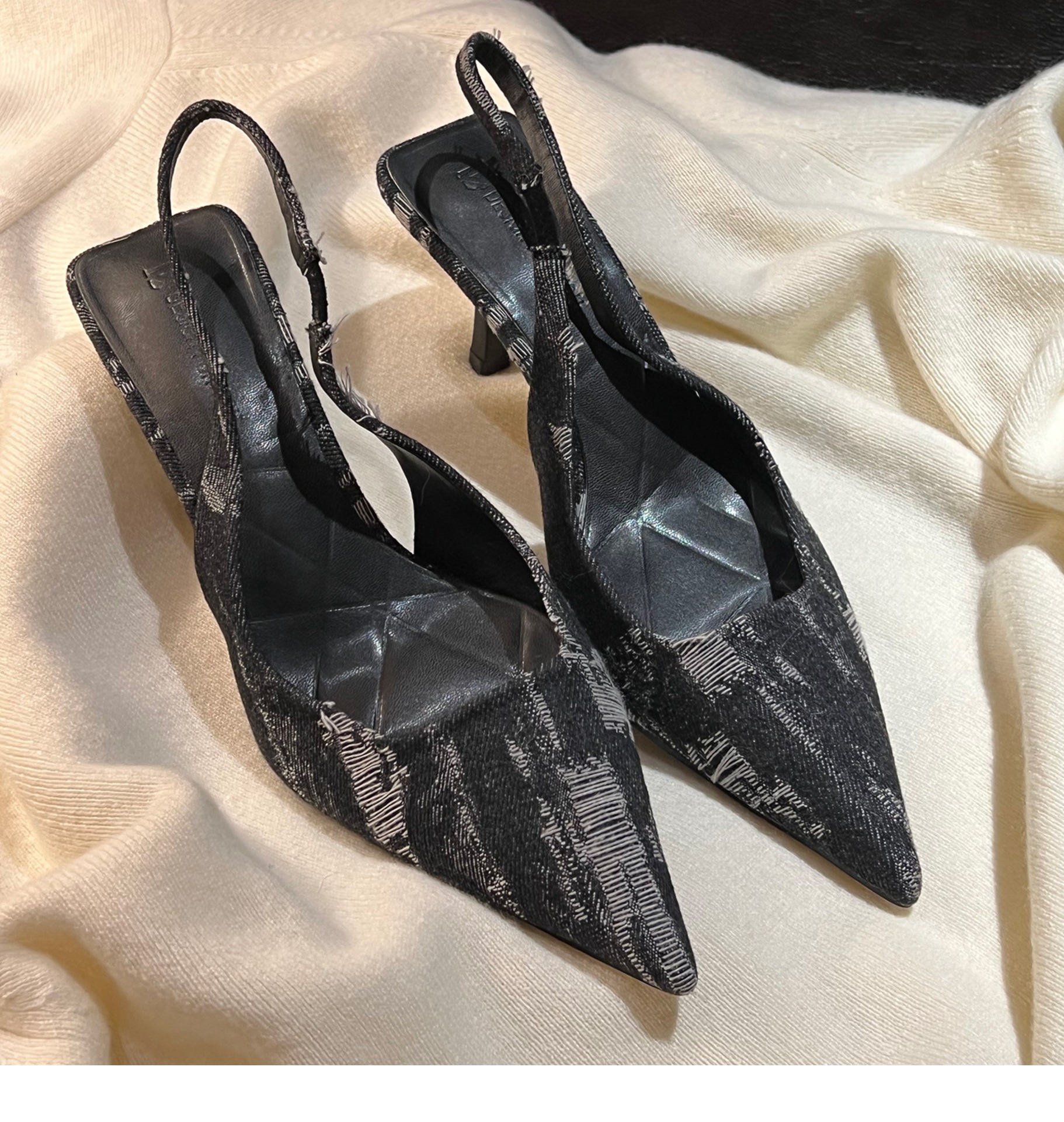 Fashionable denim pointed-toe high-heeled shoes for women spring and summer new empty back sandals toe-toe shallow mouth single shoes_mkmklike.com