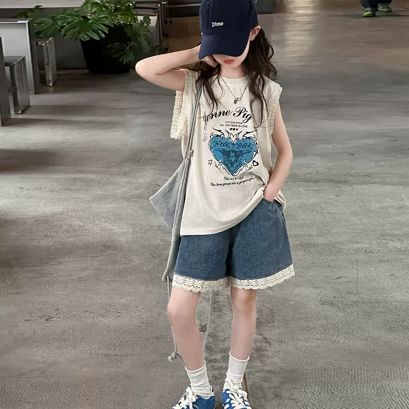 女童花边无袖T恤牛仔花边短裤套装休闲透气舒适两件套中大儿童1服
