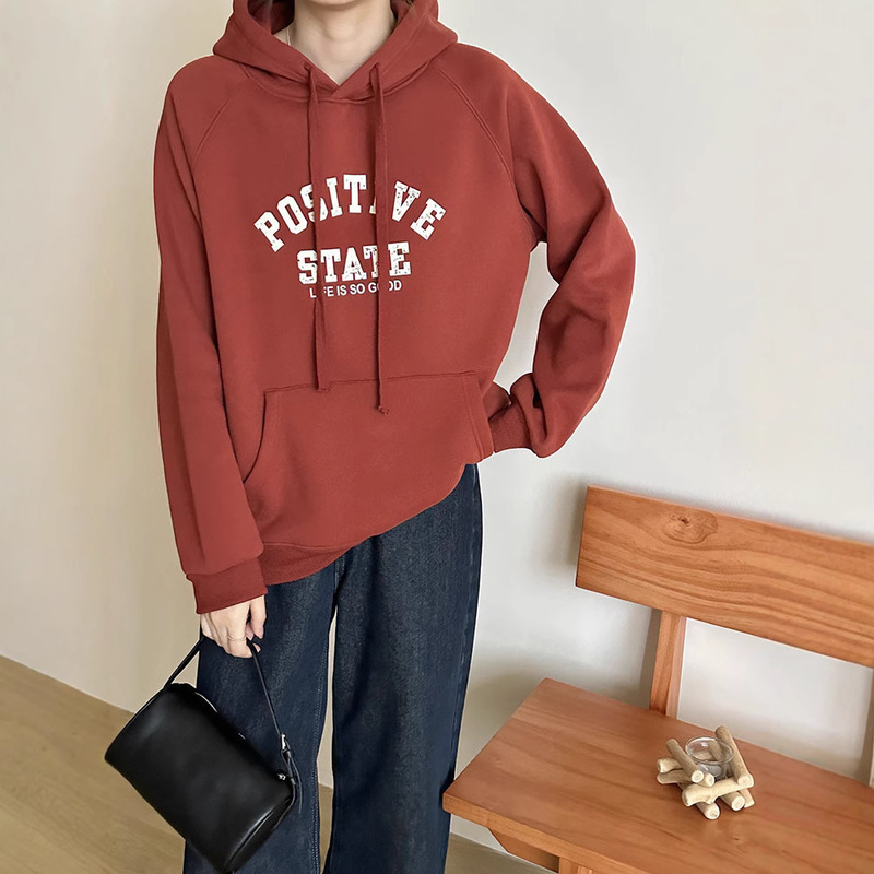 Korean Style Age-Reducing Fashion Letter Print Hooded Sweatshirt for Women, Autumn and Winter Stylish Jacket, Versatile Casual Cotton Top, Trendy