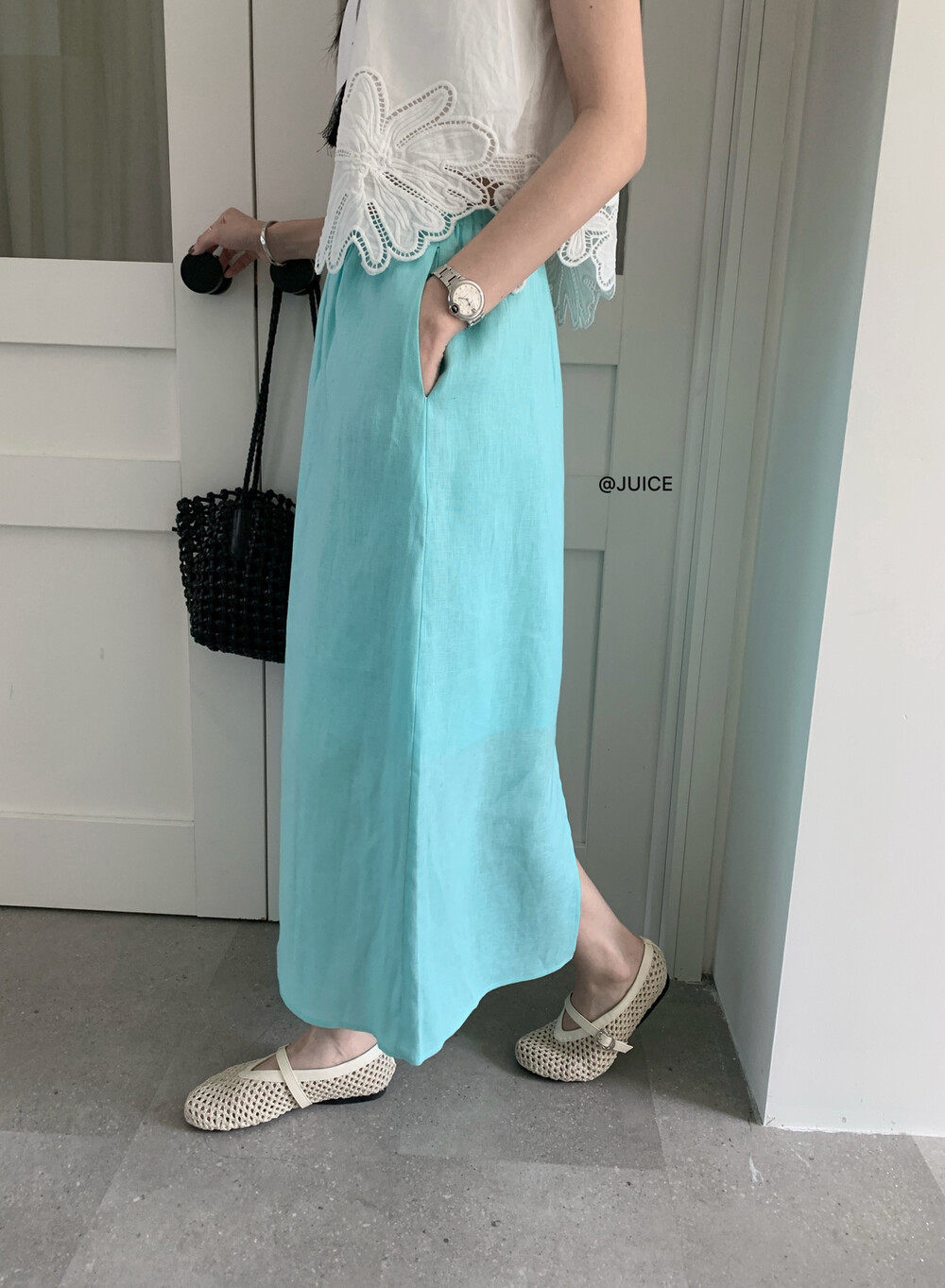 Chân váy linen cạp chun chữ A dáng dài nữ phong cách tối giản — màu đen, Xanh đen, Xanh nước biển, Màu cà phê chi tiết 19