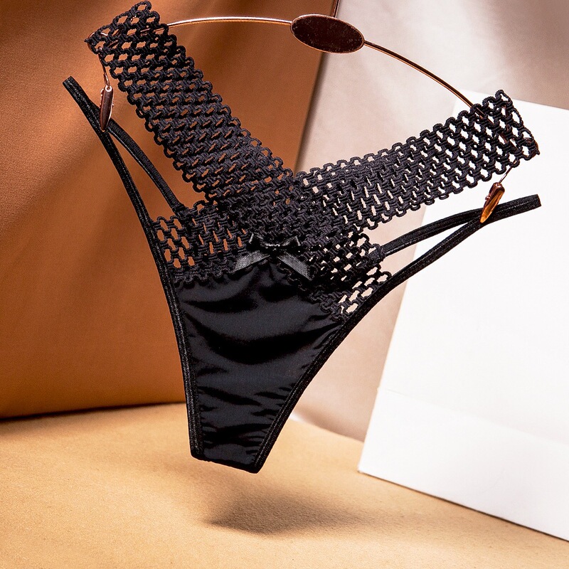 French-Style Cross-Cut Hollow-Out Ice Silk Thong for Women, Sporty and Fashionable, See-Through Low-Waist Thin Strap Seductive Sexy Panties 2282
