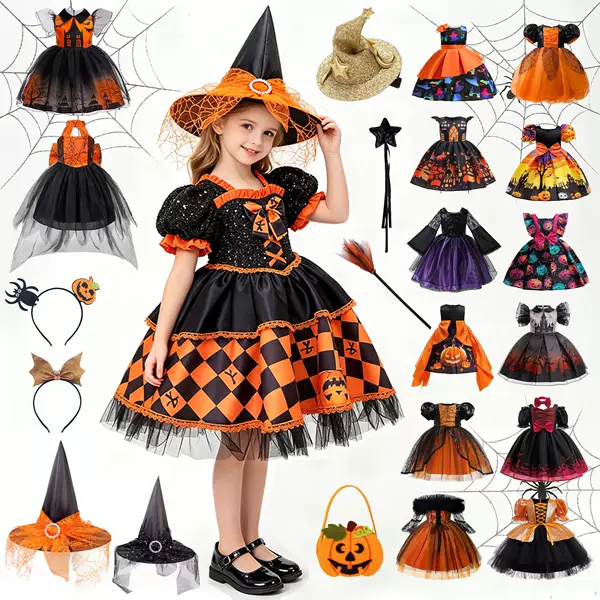 Halloween cosplay costume cartoon witch pumpkin print holiday performance dress for girls