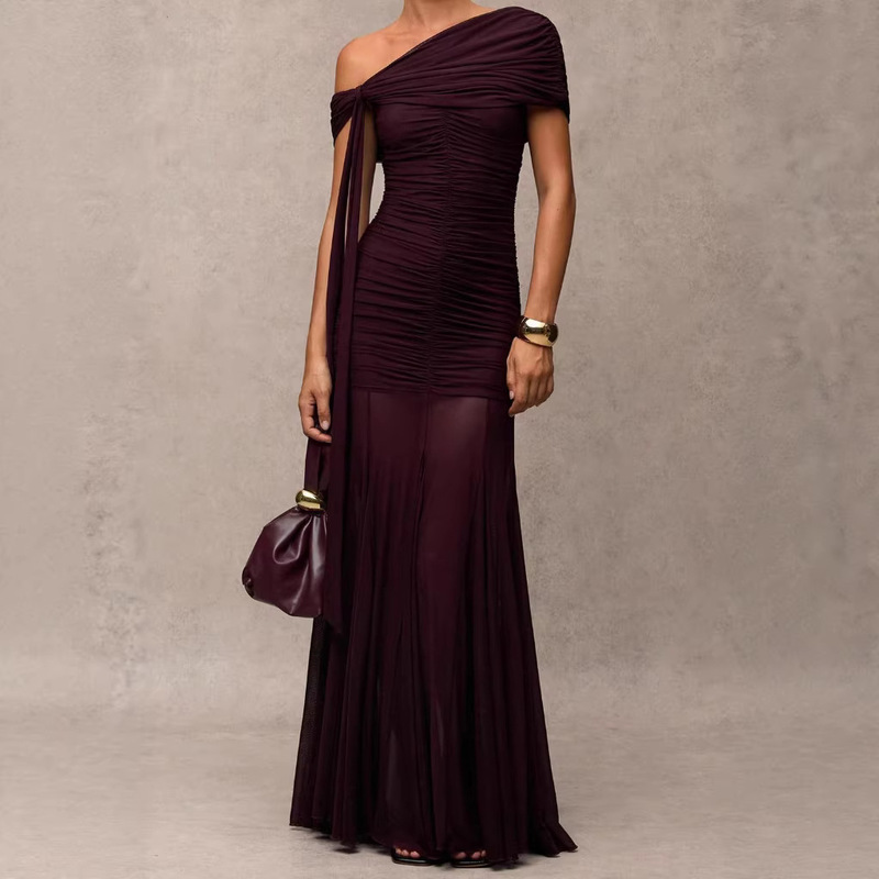 W504Ds European and American Cross-Border Fashion Slim-Fit Mesh Patchwork Pleated Long Dress with Asymmetrical Shoulder and Tie Design