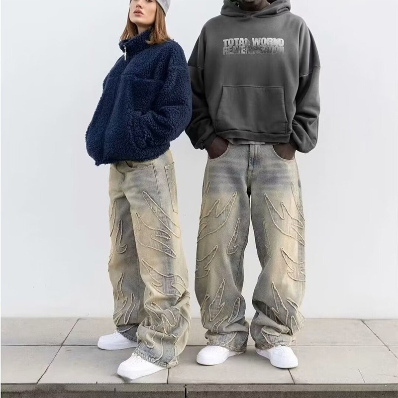 Vintage Embroidered Straight Leg Jeans For Men & Women – Relaxed Fit, Streetwear Fashion, Cotton Denim Pants (Black, Blue-Yellow)​_mkmklike.com
