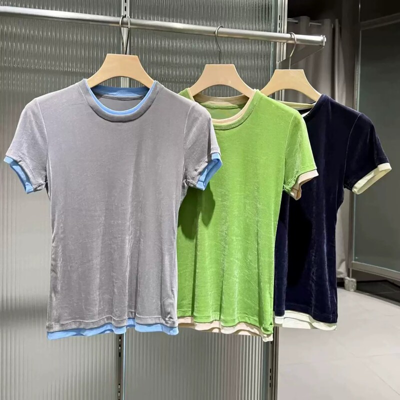 【Same Style as in the Mall】 2026 Summer New Velvet T-Shirt, Faux Two-Piece Slim-Fit Short-Sleeve Top, Casual Color-Blocking 【Same Style as in the Mall】 2026 Summer New Velvet T-Shirt, Faux Two-Piece Slim-Fit Short-Sleeve Top, Casual Color-Blocking