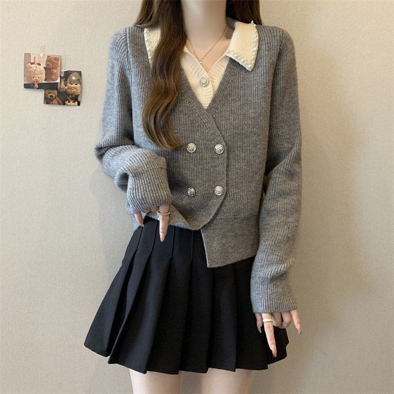 French-Style Beaded Polo Shoulder Gray Knit Sweater 2025 Autumn and Winter Plus Size Slimming Fake Two-Piece Top