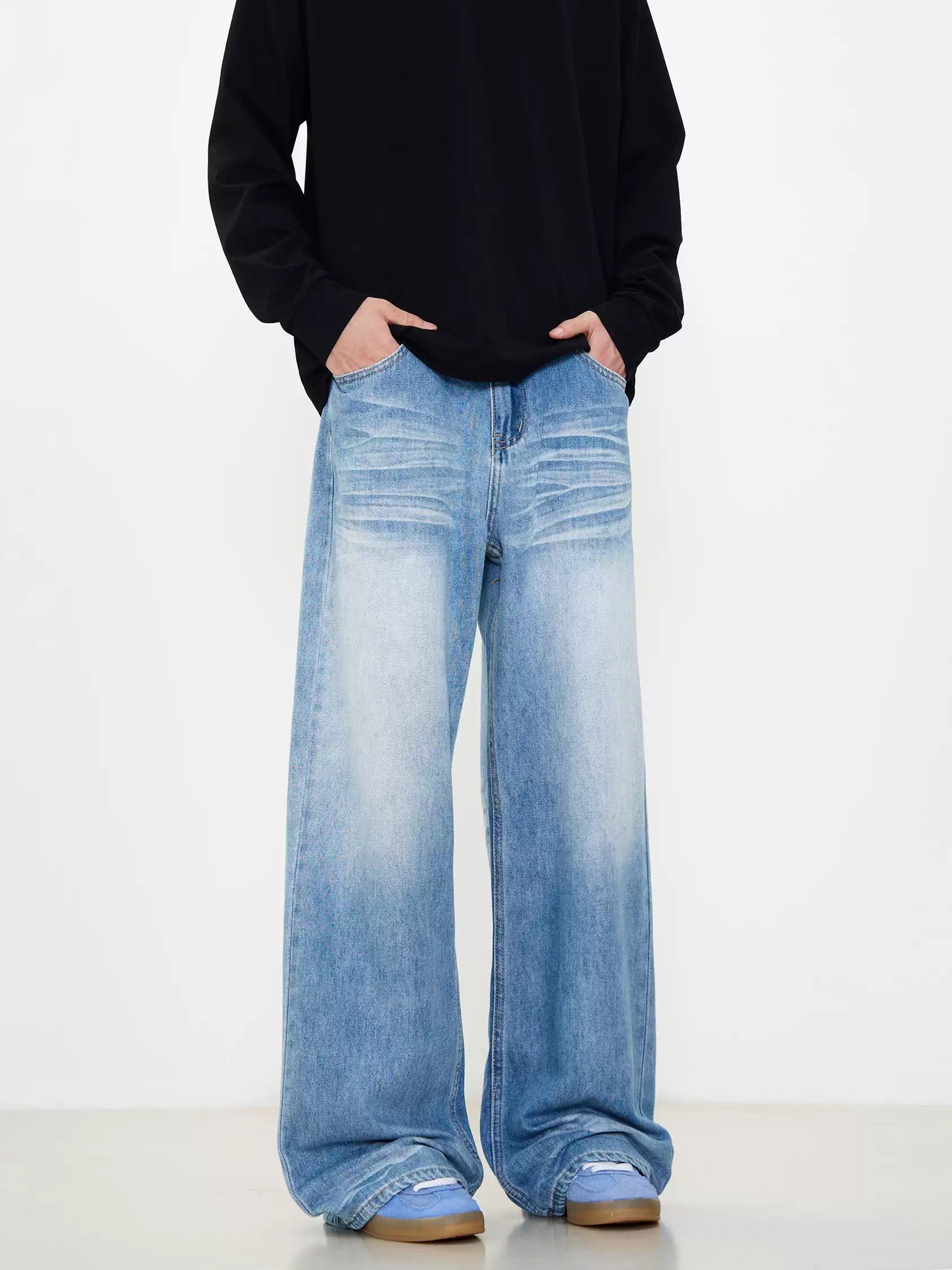 Men's Clothing Unisex American Style CleaAfit Distressed Denim Jeans Vintage Washed Floor Length Loose Straight Leg Wide Leg Trousers_mkmklike.com
